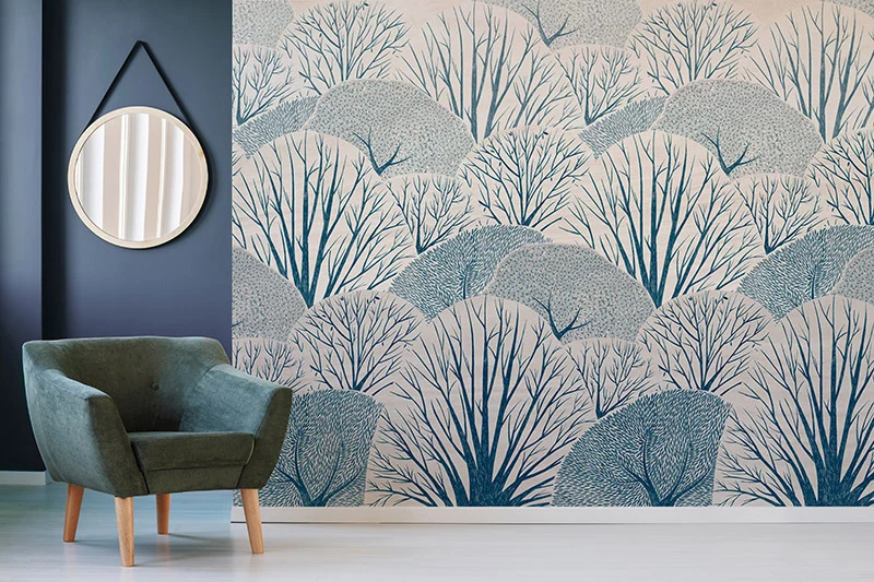 Botanical bespoke wallcovering with green chair