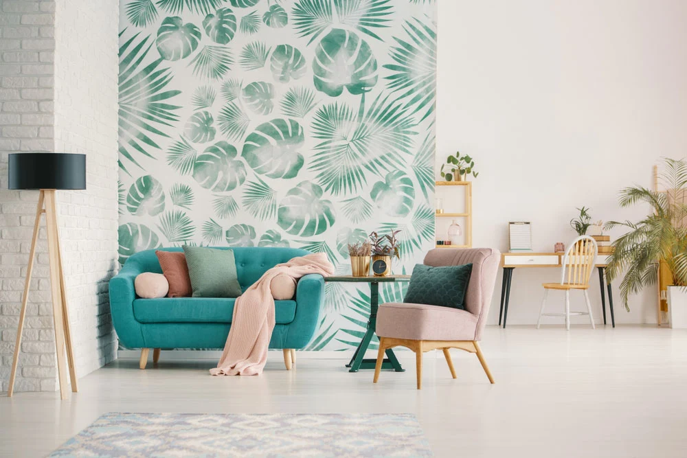 Tropical leaf digital wallcovering in a living room — NA37